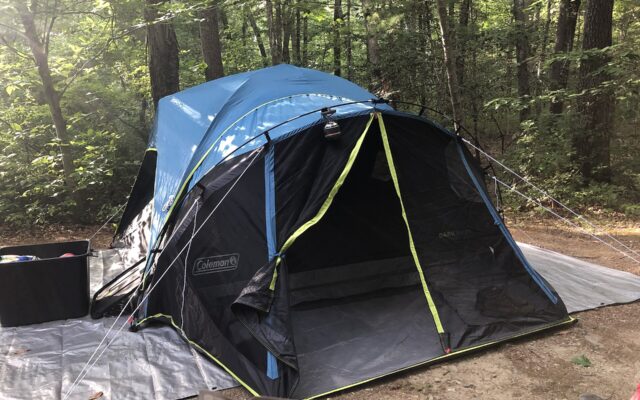 Lều được dựng trên tấm trải ở một khu vực cây rừng